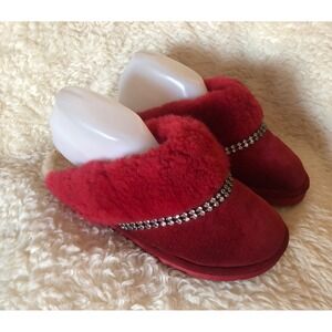 Old Friend Red Suede Sheepskin Sherpa Lined House Shoe Bling Women L 9.5-10.5